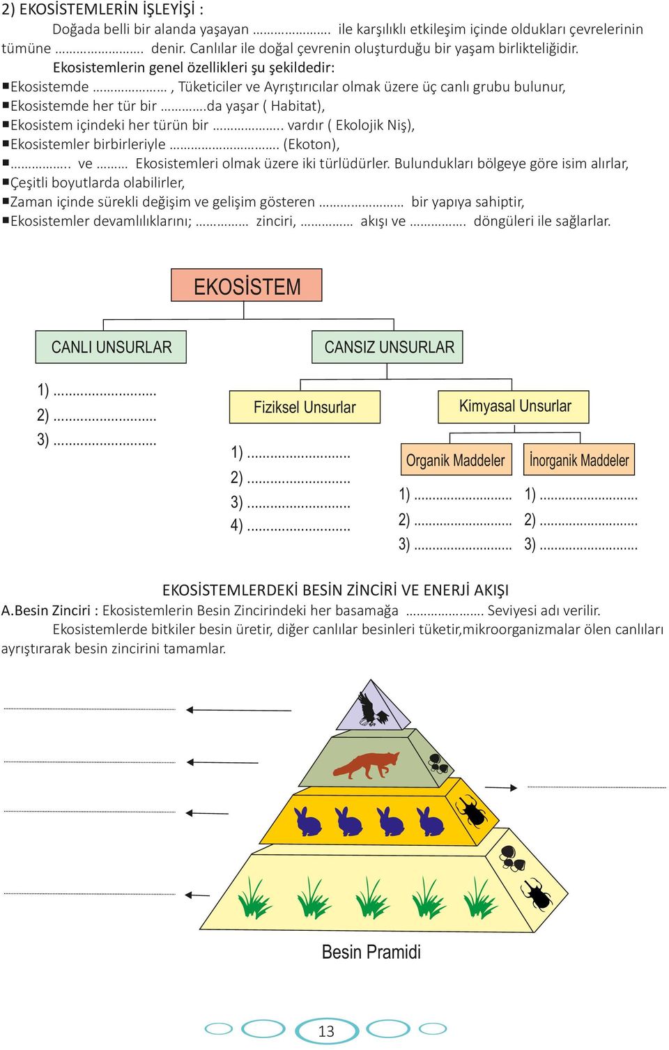 da yaşar ( Habitat), Ekosistem içindeki her türün bir.. vardır ( Ekolojik Niş), Ekosistemler birbirleriyle. (Ekoton),.. ve Ekosistemleri olmak üzere iki türlüdürler.