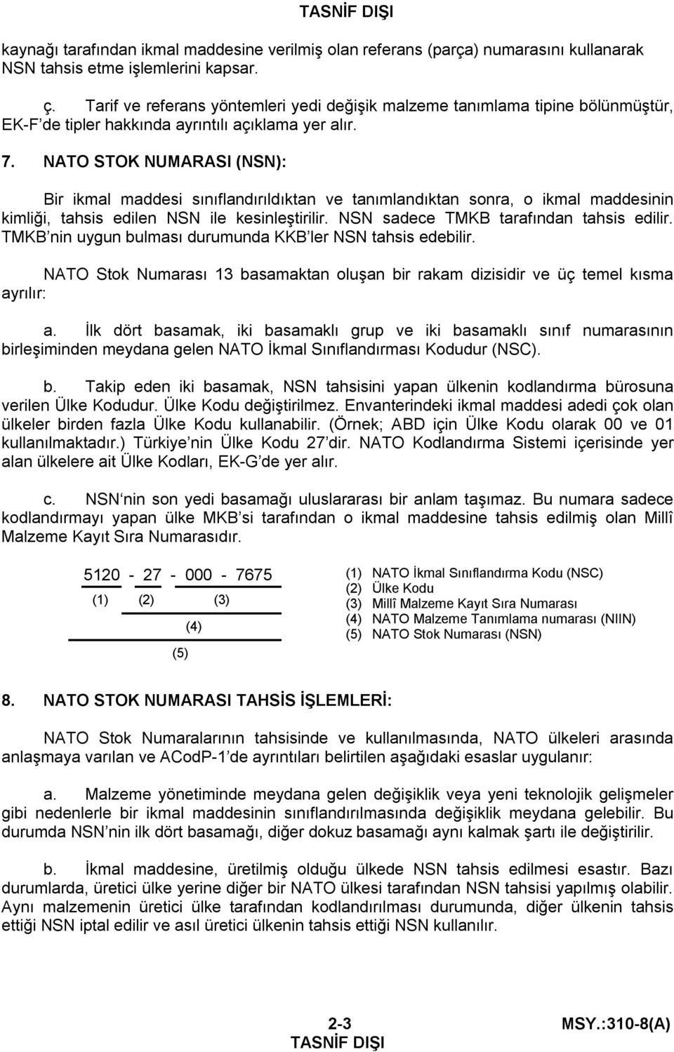 NATO STOK NUMARASI (NSN): Bir ikmal maddesi sınıflandırıldıktan ve tanımlandıktan sonra, o ikmal maddesinin kimliği, tahsis edilen NSN ile kesinleştirilir. NSN sadece TMKB tarafından tahsis edilir.