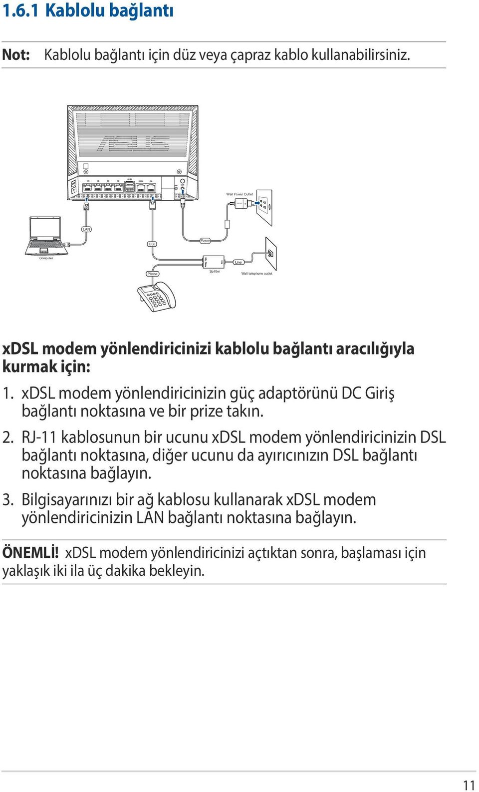 xdsl modem yönlendiricinizin güç adaptörünü DC Giriş bağlantı noktasına ve bir prize takın. 2.