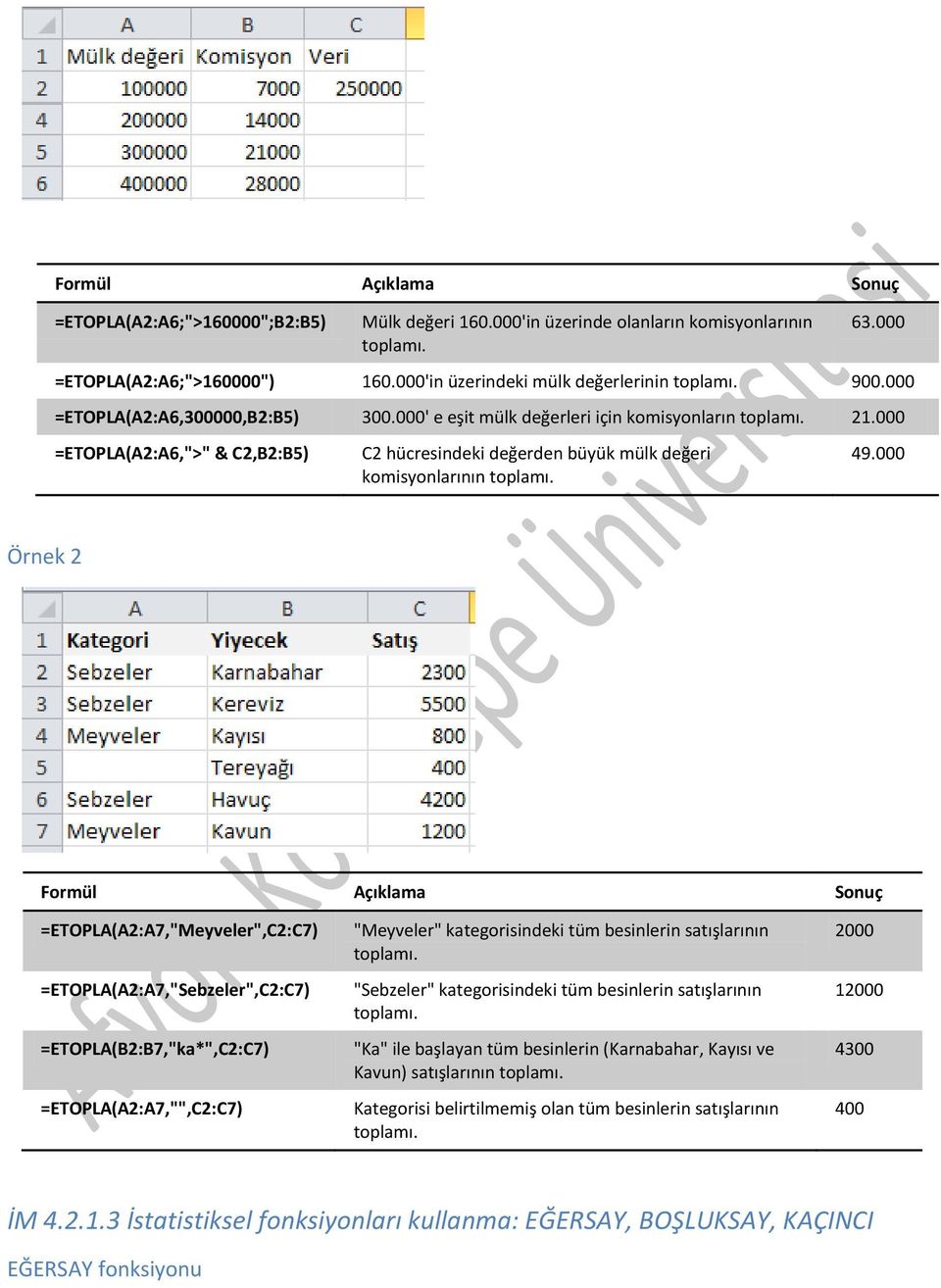 49.000 Örnek 2 Formül Açıklama Sonuç =ETOPLA(A2:A7,"Meyveler",C2:C7) =ETOPLA(A2:A7,"Sebzeler",C2:C7) =ETOPLA(B2:B7,"ka*",C2:C7) =ETOPLA(A2:A7,"",C2:C7) "Meyveler" kategorisindeki tüm besinlerin