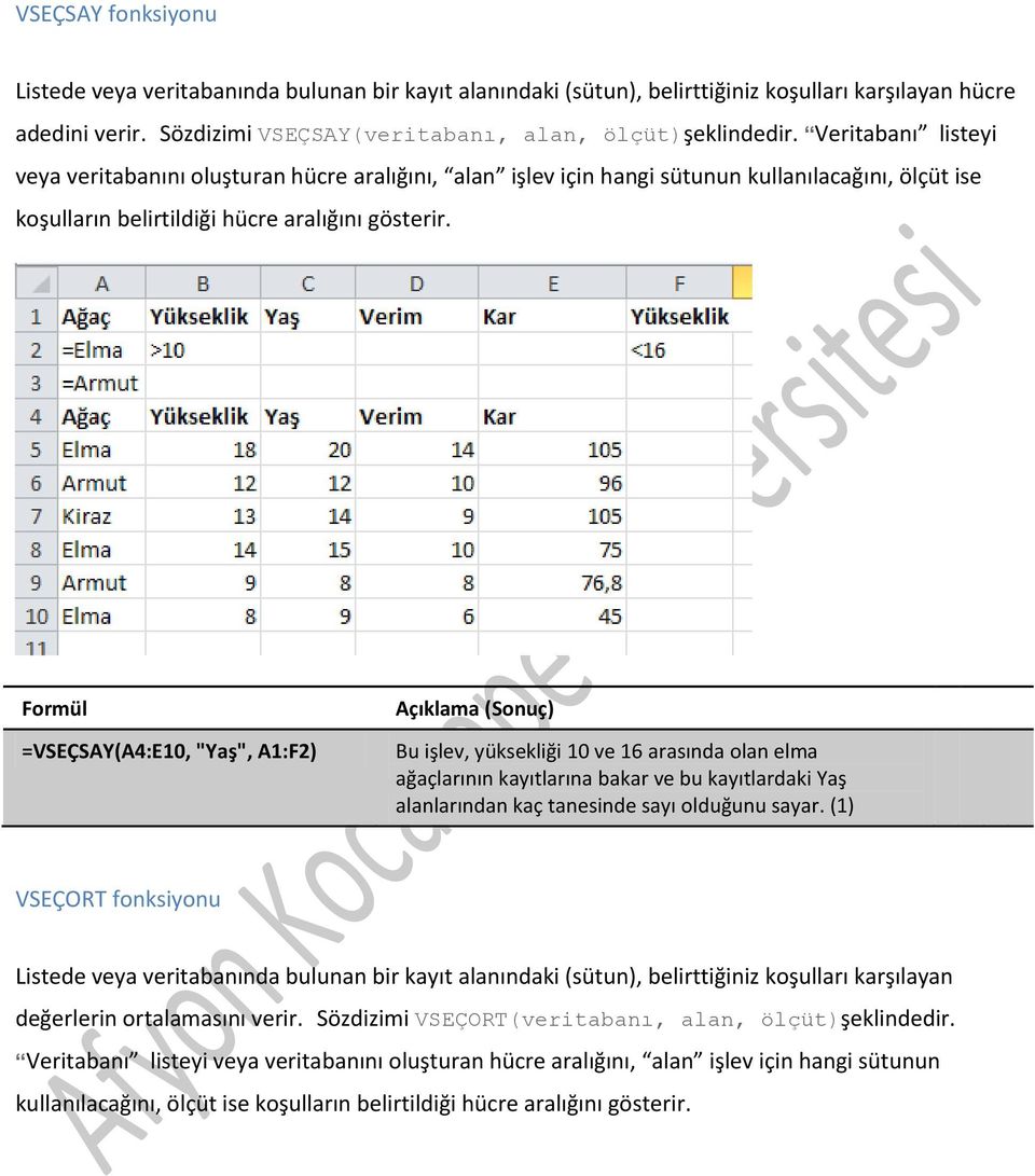 Formül =VSEÇSAY(A4:E10, "Yaş", A1:F2) Açıklama (Sonuç) Bu işlev, yüksekliği 10 ve 16 arasında olan elma ağaçlarının kayıtlarına bakar ve bu kayıtlardaki Yaş alanlarından kaç tanesinde sayı olduğunu