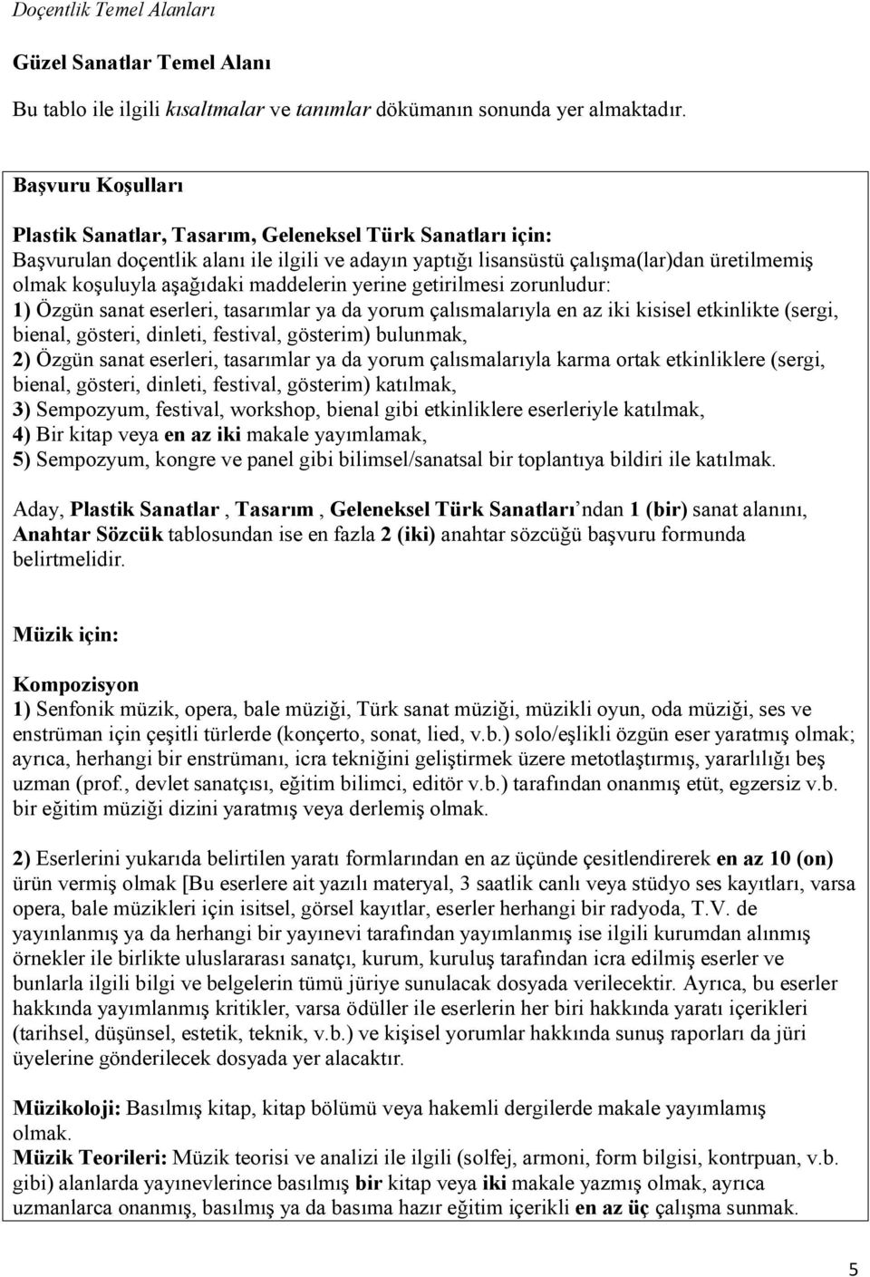 maddelerin yerine getirilmesi zorunludur: 1) Özgün sanat eserleri, tasarımlar ya da yorum çalısmalarıyla en az iki kisisel etkinlikte (sergi, bienal, gösteri, dinleti, festival, gösterim) bulunmak,