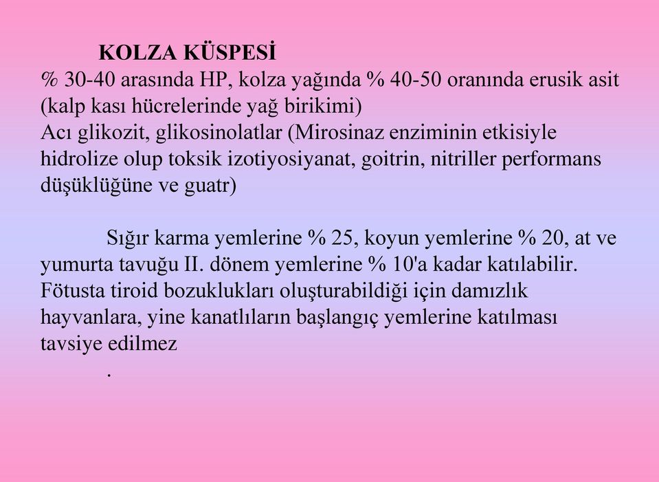 guatr) Sığır karma yemlerine % 25, koyun yemlerine % 20, at ve yumurta tavuğu II. dönem yemlerine % 10'a kadar katılabilir.