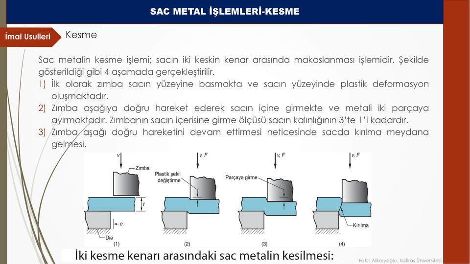 1) İlk olarak zımba sacın yüzeyine basmakta ve sacın yüzeyinde plastik deformasyon oluşmaktadır.