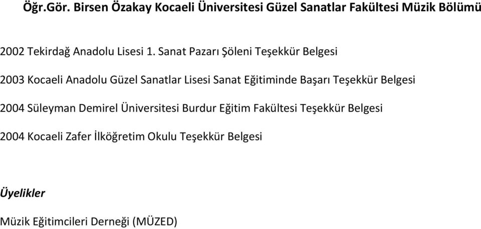 Sanat Eğitiminde Başarı Teşekkür Belgesi 2004 Süleyman Demirel Üniversitesi