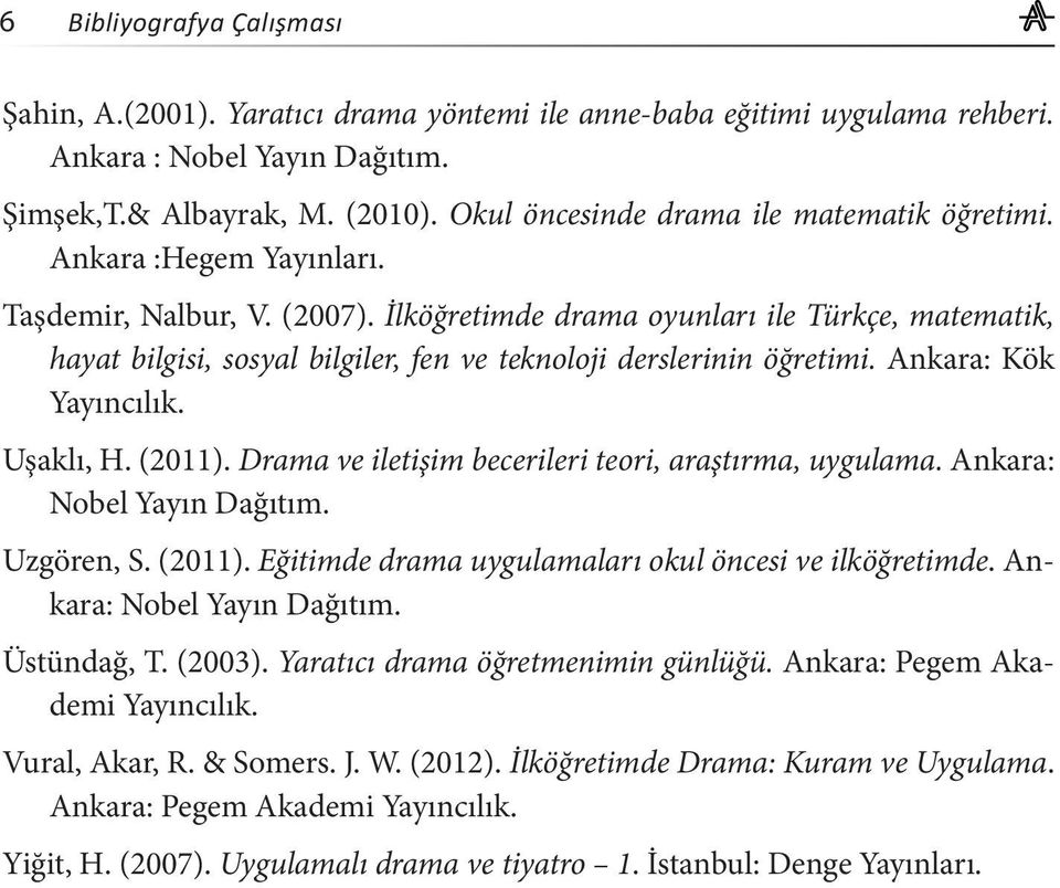 İlköğretimde drama oyunları ile Türkçe, matematik, hayat bilgisi, sosyal bilgiler, fen ve teknoloji derslerinin öğretimi. Ankara: Kök Yayıncılık. Uşaklı, H. (2011).