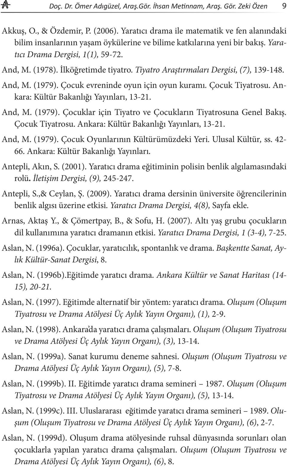 Tiyatro Araştırmaları Dergisi, (7), 139-148. And, M. (1979). Çocuk evreninde oyun için oyun kuramı. Çocuk Tiyatrosu. Ankara: Kültür Bakanlığı Yayınları, 13-21. And, M. (1979). Çocuklar için Tiyatro ve Çocukların Tiyatrosuna Genel Bakış.