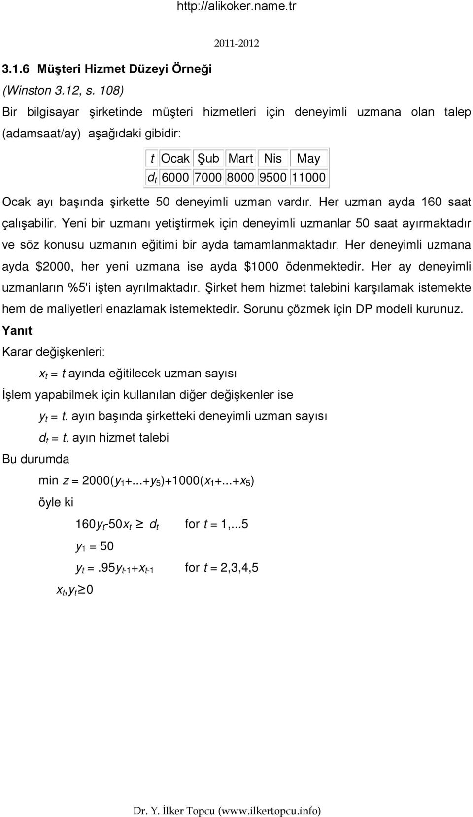 vardır. Her uzman ayda 6 saat çalışabilir. Yeni bir uzmanı yetiştirmek için deneyimli uzmanlar 5 saat ayırmaktadır ve söz konusu uzmanın eğitimi bir ayda tamamlanmaktadır.