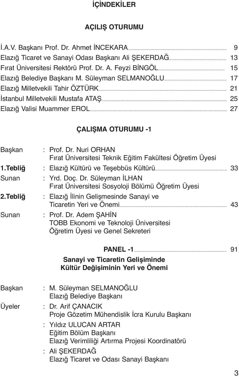 .. 27 ÇALIŞMA OTURUMU -1 Başkan : Prof. Dr. Nuri ORHAN Fırat Üniversitesi Teknik Eğitim Fakültesi Öğretim Üyesi 1.Tebliğ : Elazığ Kültürü ve Teşebbüs Kültürü... 33 Sunan : Yrd. Doç. Dr. Süleyman İLHAN Fırat Üniversitesi Sosyoloji Bölümü Öğretim Üyesi 2.