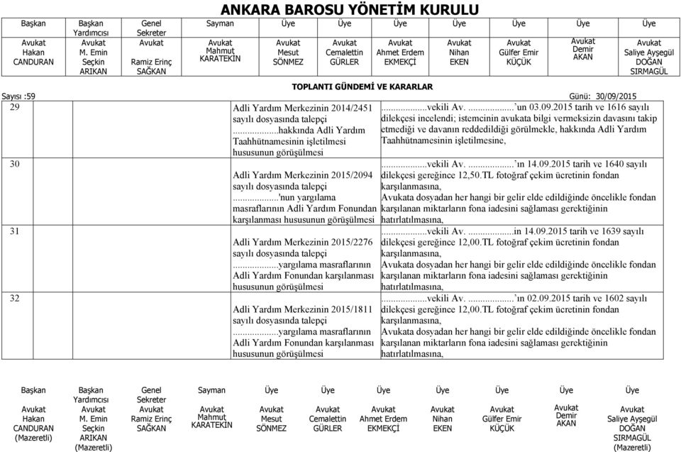 karşılanması hususunun görüşülmesi Adli Yardım Merkezinin 2015/1811 sayılı dosyasında talepçi yargılama masraflarının Adli Yardım Fonundan karşılanması hususunun görüşülmesi vekili Av. un 03.09.