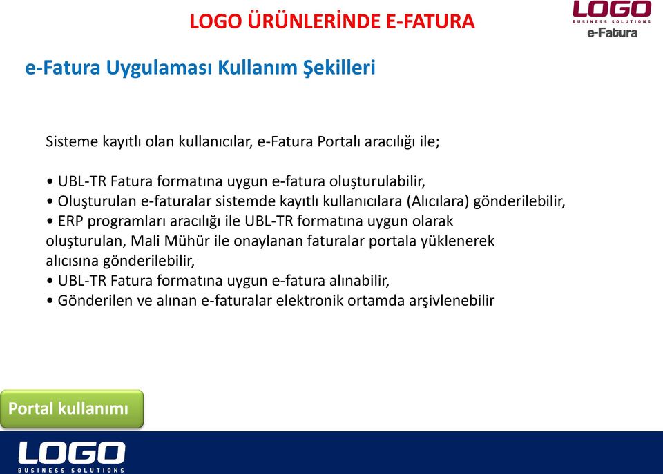 programları aracılığı ile UBL-TR formatına uygun olarak oluşturulan, Mali Mühür ile onaylanan faturalar portala yüklenerek alıcısına