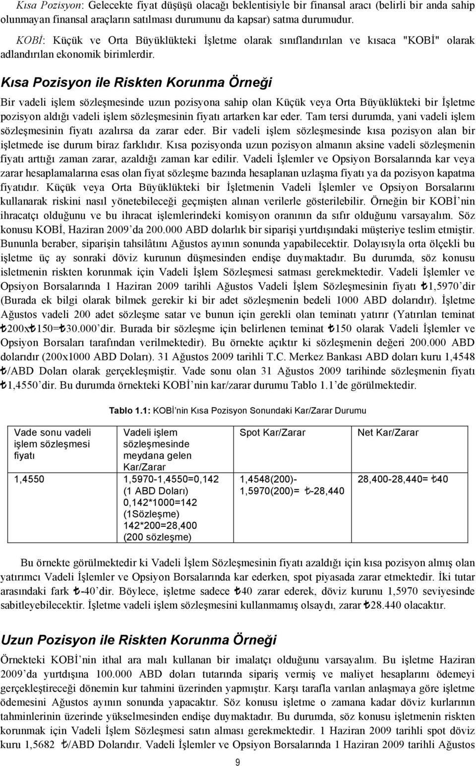 Kısa Pozisyon ile Riskten Korunma Örneği Bir vadeli işlem sözleşmesinde uzun pozisyona sahip olan Küçük veya Orta Büyüklükteki bir İşletme pozisyon aldığı vadeli işlem sözleşmesinin fiyatı artarken