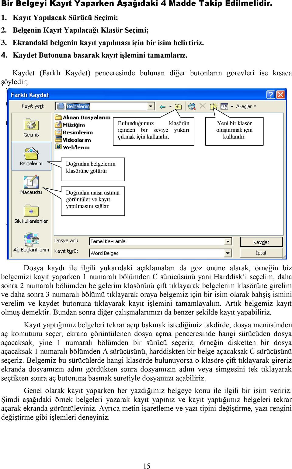 Kaydet (Farklı Kaydet) penceresinde bulunan diğer butonların görevleri ise kısaca şöyledir; Bulunduğumuz klasörün içinden bir seviye yukarı çıkmak için kullanılır.