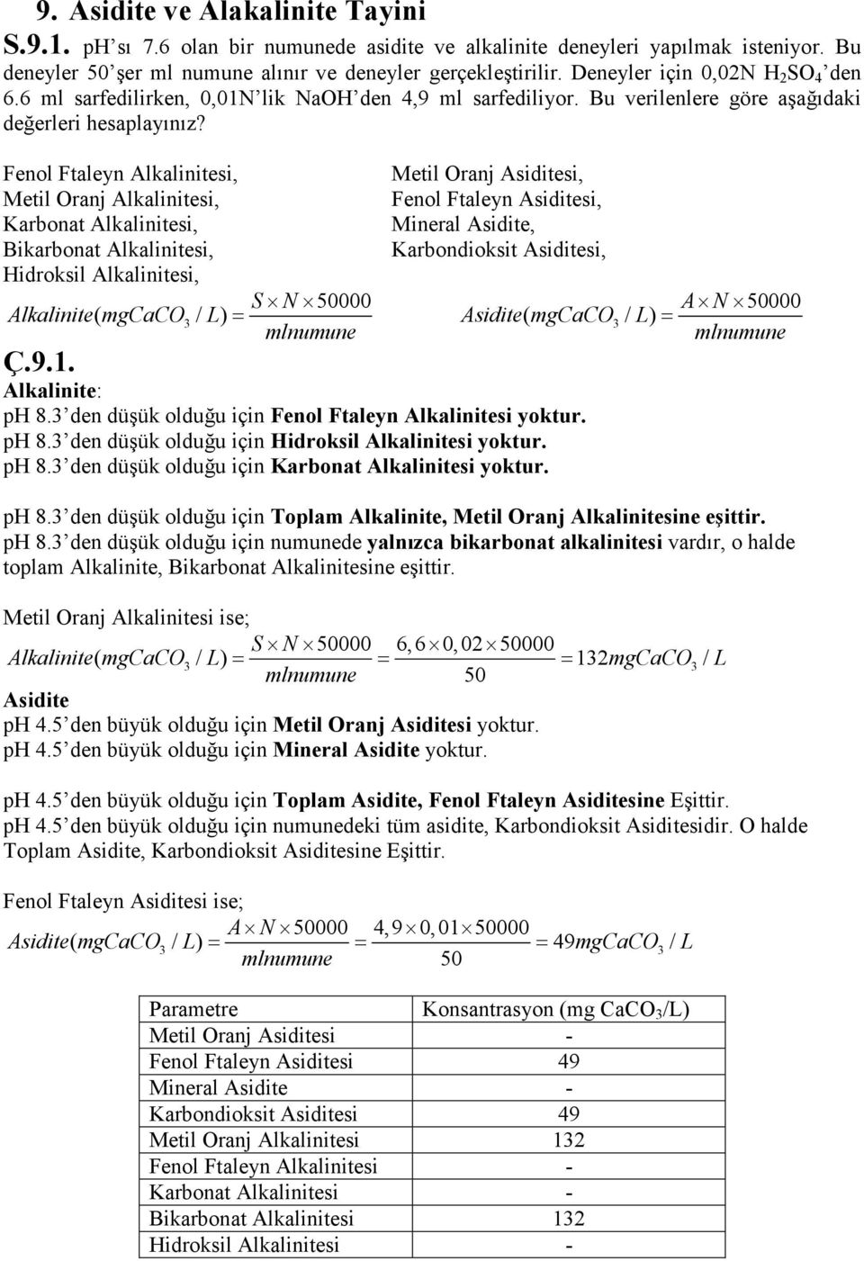 Fenol Ftaleyn Alkalinitesi, Metil Oranj Alkalinitesi, Karbonat Alkalinitesi, Bikarbonat Alkalinitesi, Hidroksil Alkalinitesi, Metil Oranj Asiditesi, Fenol Ftaleyn Asiditesi, Mineral Asidite,