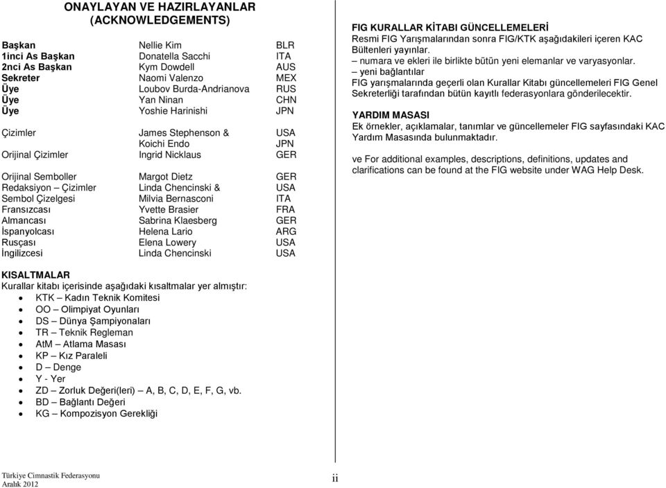 USA Sembol Çizelgesi Milvia Bernasconi ITA Fransızcası Yvette Brasier FRA Almancası Sabrina Klaesberg GER İspanyolcası Helena Lario ARG Rusçası Elena Lowery USA İngilizcesi Linda Chencinski USA FIG