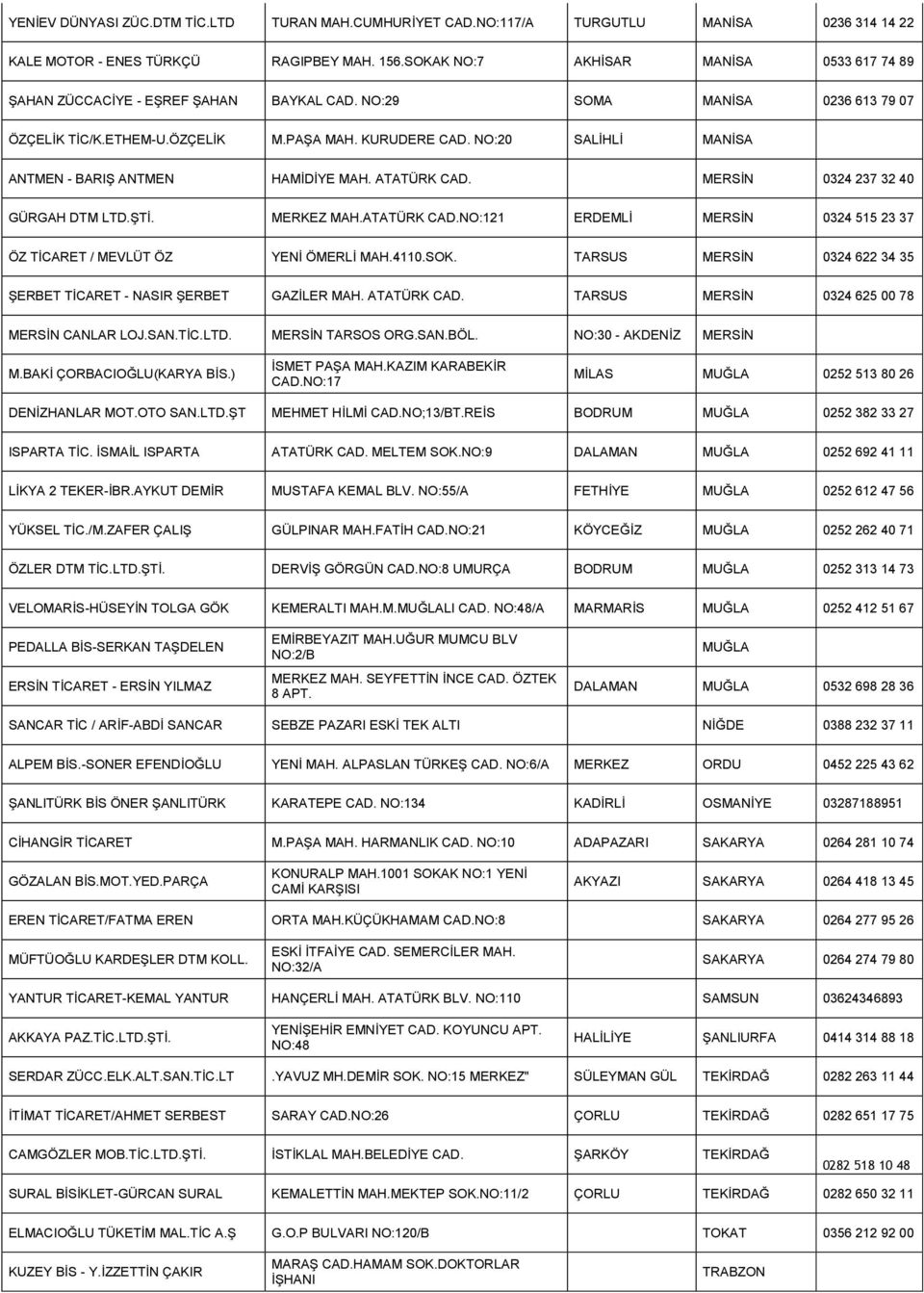 NO:20 SALİHLİ MANİSA ANTMEN - BARIŞ ANTMEN HAMİDİYE MAH. ATATÜRK CAD. MERSİN 0324 237 32 40 GÜRGAH DTM LTD.ŞTİ. MERKEZ MAH.ATATÜRK CAD.NO:121 ERDEMLİ MERSİN 0324 515 23 37 ÖZ TİCARET / MEVLÜT ÖZ YENİ ÖMERLİ MAH.