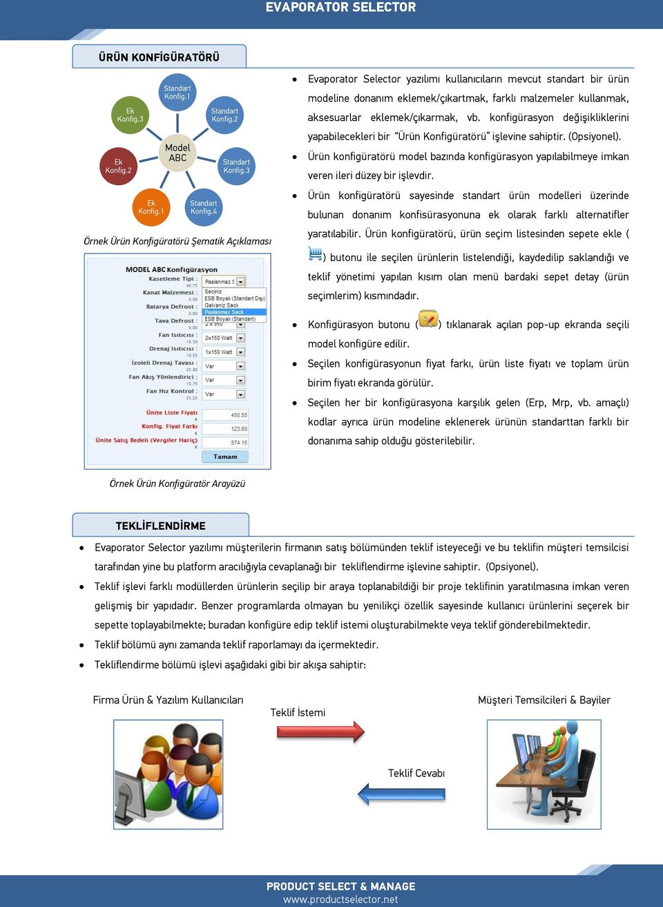 eklemek/çıkarmak, vb. konfigürasyon değişikliklerini yapabilecekleri bir Ürün Konfigüratörü işlevine sahiptir. (Opsiyonel).