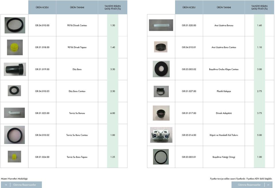 00 Plastik Kelepçe 2.75 GR.01.023.00 Temiz Su Borusu 6.00 GR.01.017.00 Dirsek Adaptörü 3.75 GR.04.010.02 Temiz Su Boru Contası 1.00 GR.05.