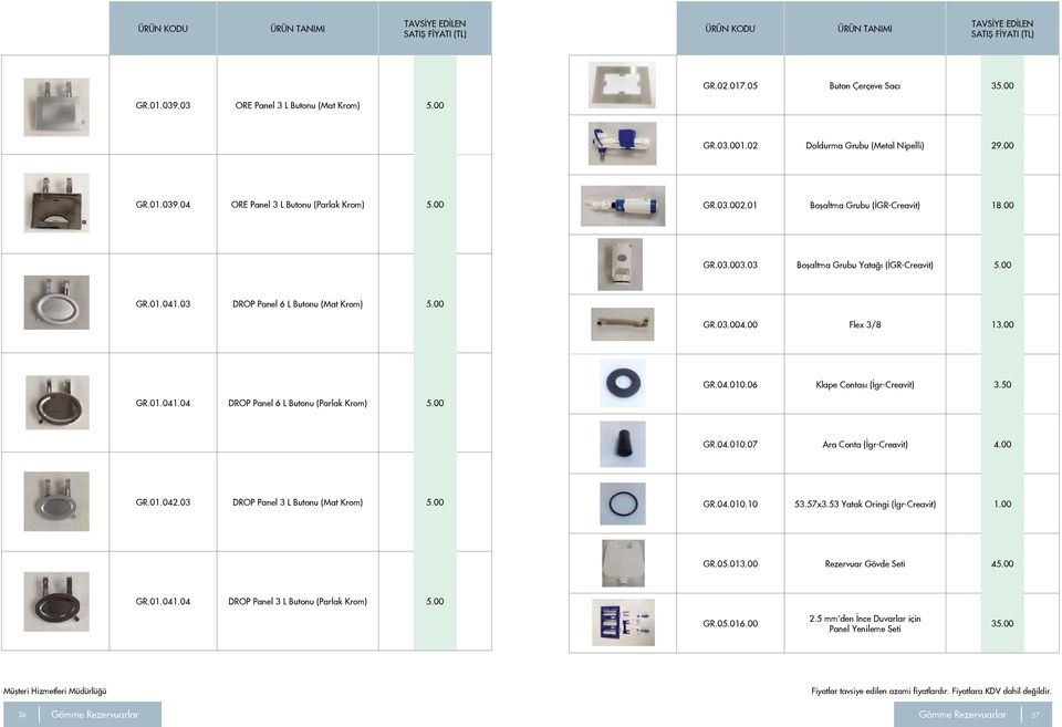 06 Klape Contası (İgr-Creavit) 3.50 GR.01.041.04 DROP Panel 6 L Butonu (Parlak Krom) 5.00 GR.04.010.07 Ara Conta (İgr-Creavit) 4.00 GR.01.042.03 DROP Panel 3 L Butonu (Mat Krom) 5.00 GR.04.010.10 53.