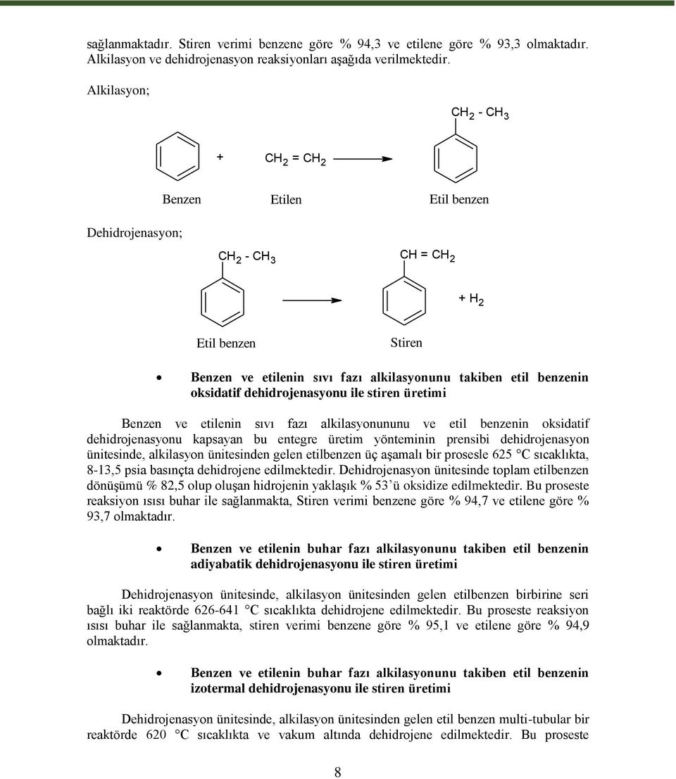 oksidatif dehidrojenasyonu ile stiren üretimi Benzen ve etilenin sıvı fazı alkilasyonununu ve etil benzenin oksidatif dehidrojenasyonu kapsayan bu entegre üretim yönteminin prensibi dehidrojenasyon