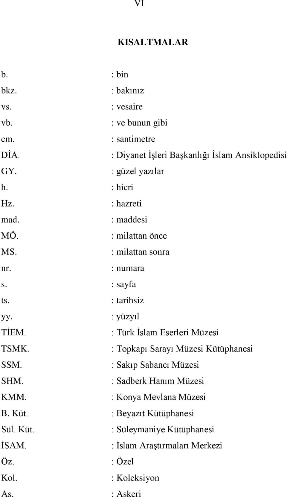 : yüzyıl TİEM. : Türk İslam Eserleri Müzesi TSMK. : Topkapı Sarayı Müzesi Kütüphanesi SSM. : Sakıp Sabancı Müzesi SHM. : Sadberk Hanım Müzesi KMM.