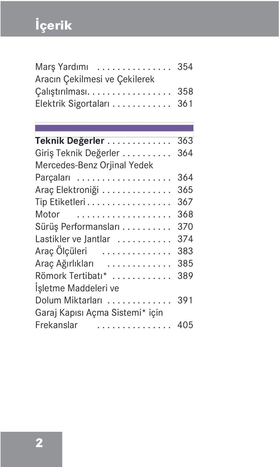 ................ 367 Motor................... 368 Sürüş Performansları.......... 370 Lastikler ve Jantlar........... 374 Araç Ölçüleri.............. 383 Araç Ağırlıkları.