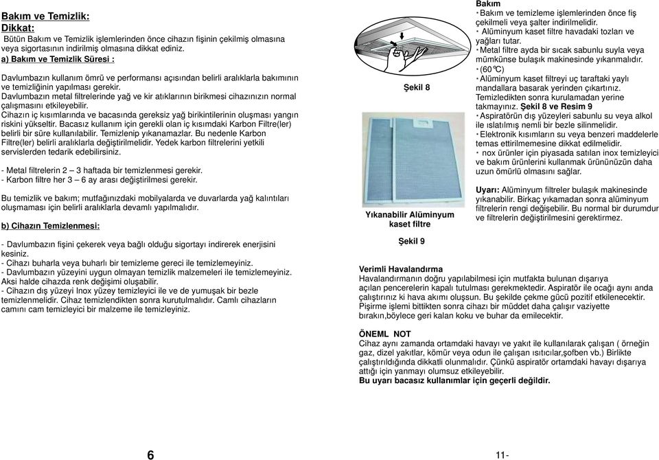 Davlumbazın metal filtrelerinde yağ ve kir atıklarının birikmesi cihazınızın normal çalışmasını etkileyebilir.