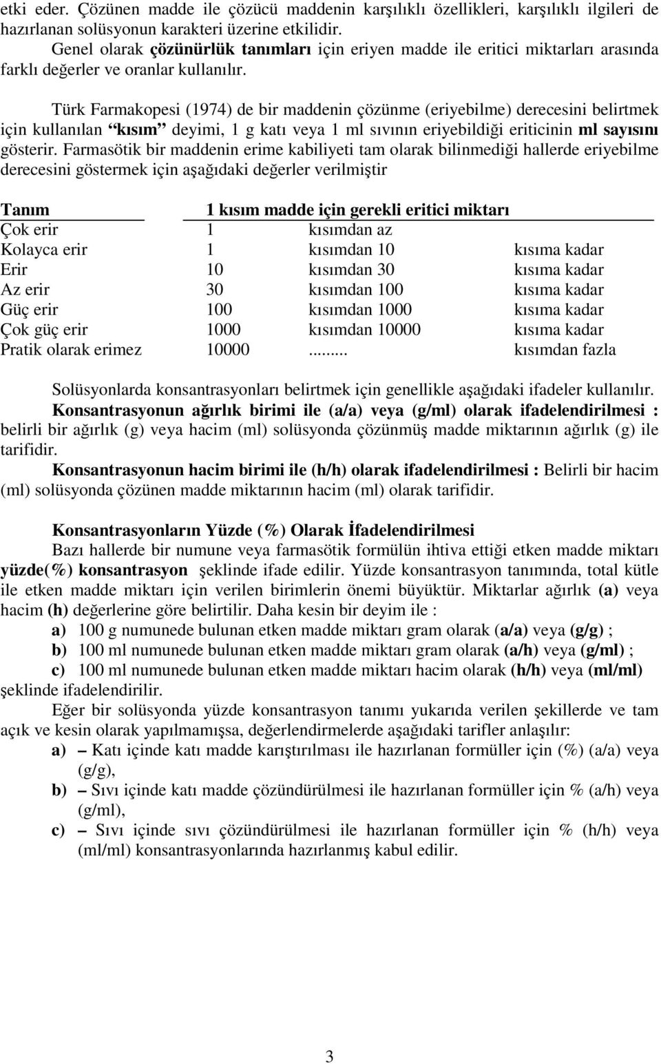 Türk Farmakopesi (1974) de bir maddenin çözünme (eriyebilme) derecesini belirtmek için kullanılan kısım deyimi, 1 g katı veya 1 ml sıvının eriyebildiği eriticinin ml sayısını gösterir.