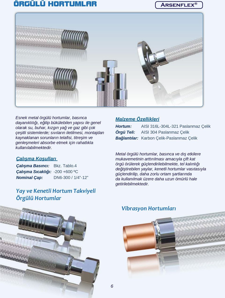 4 Çalışma Sıcaklığı: -200 +600 ºC Nominal Çap: DN6-300 / 1/4-12 Yay ve Kenetli Hortum Takviyeli Örgülü Hortumlar Malzeme Özellikleri Hortum: AISI 316L-304L-321 Paslanmaz Çelik Örgü Teli: AISI 304