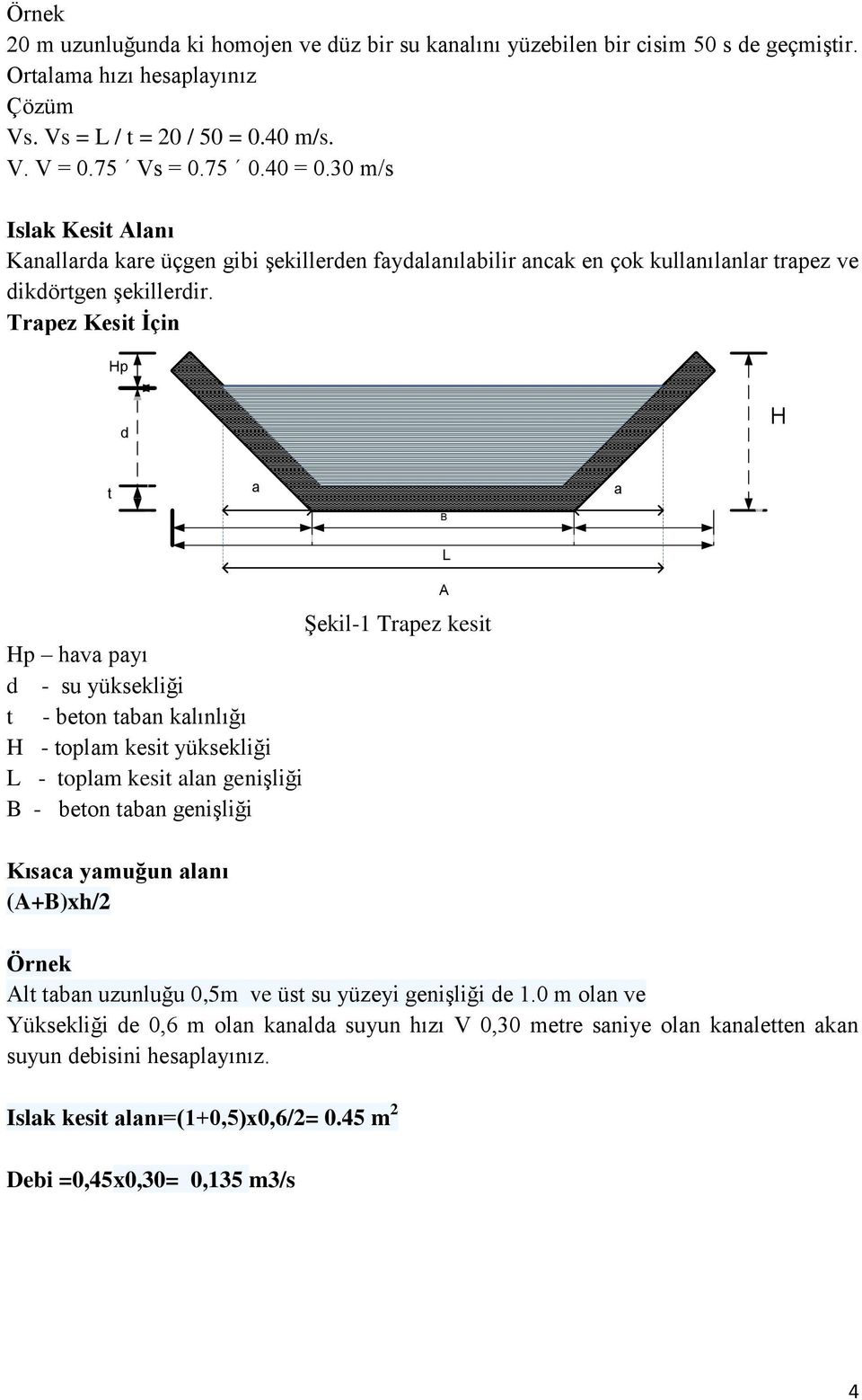 Trapez Kesit İçin Hp d 1 1 H t a a B Şekil-1 Trapez kesit Hp hava payı d - su yüksekliği t - beton taban kalınlığı H - toplam kesit yüksekliği L - toplam kesit alan genişliği B - beton taban