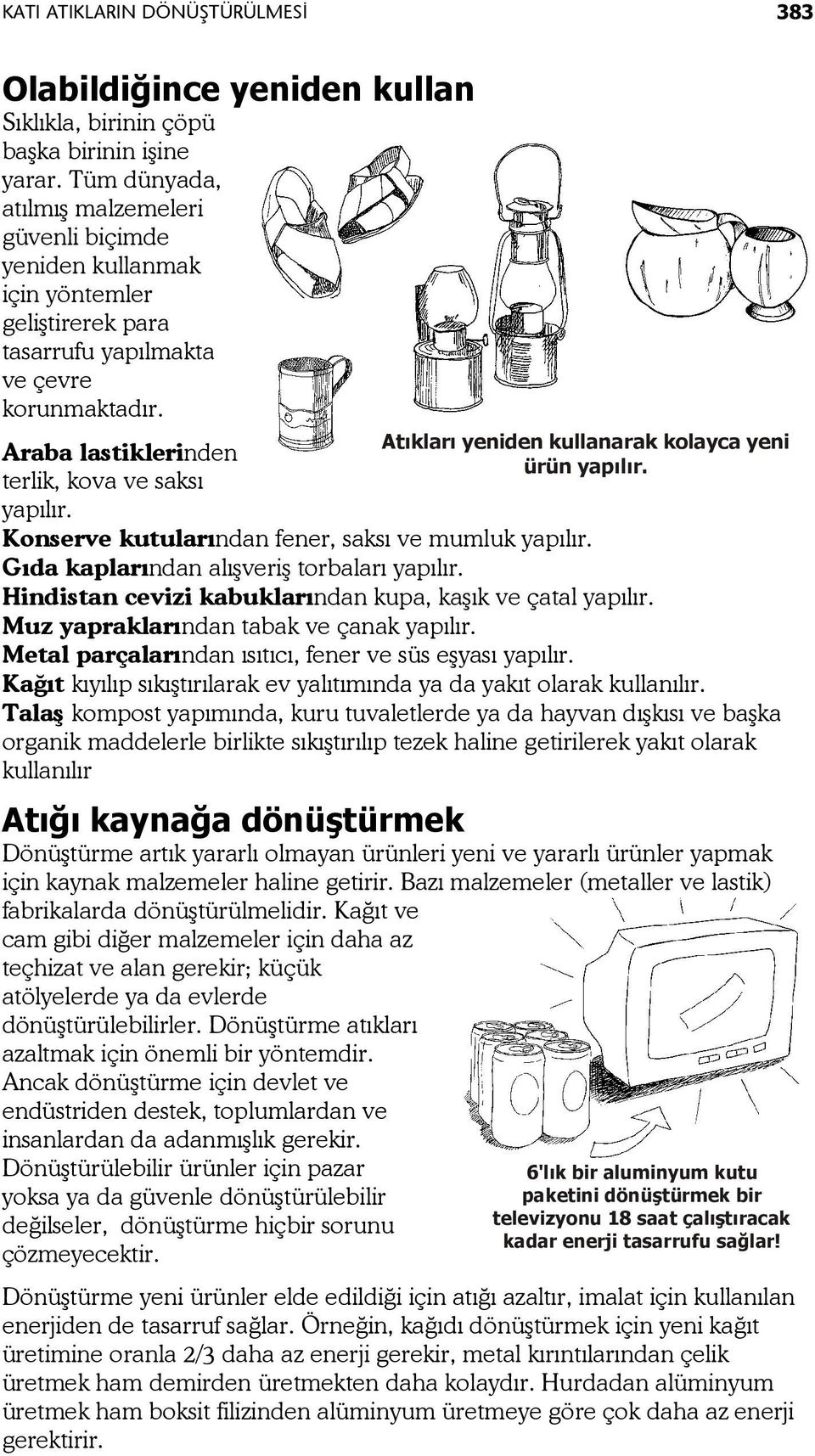 Konserve kutularından fener, saksı ve mumluk yapılır. Gıda kaplarından alışveriş torbaları yapılır. Hindistan cevizi kabuklarından kupa, kaşık ve çatal yapılır.