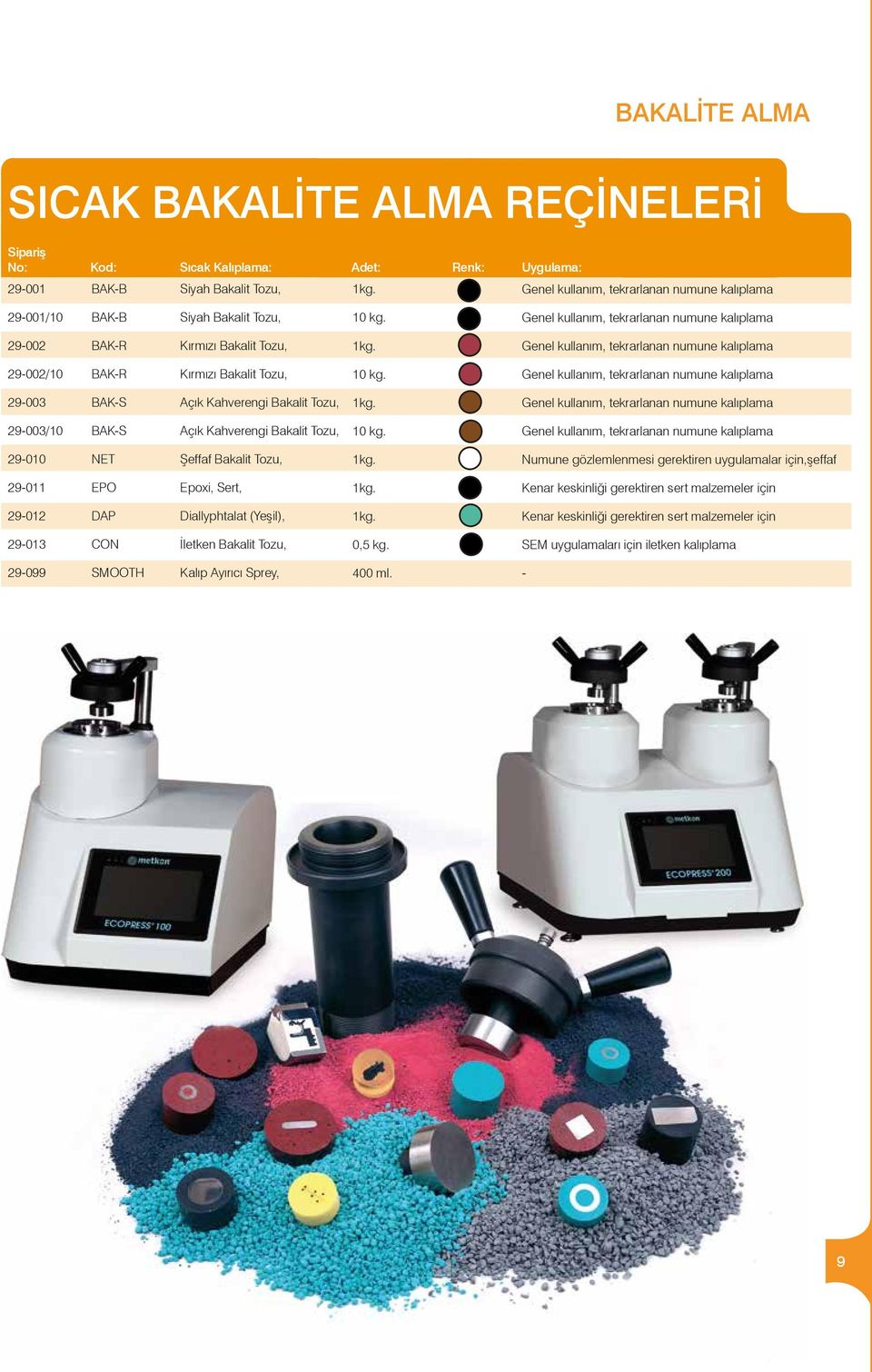 Genel kullanım, tekrarlanan numune kalıplama 29-002/ BAK-R Kırmızı Bakalit Tozu, kg. Genel kullanım, tekrarlanan numune kalıplama 29-003 BAK-S Açık Kahverengi Bakalit Tozu, 1kg.