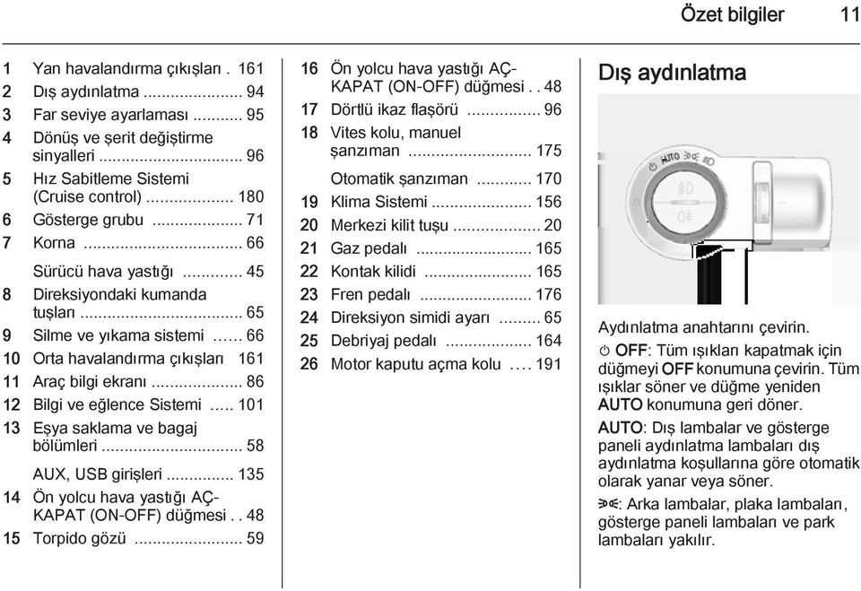 .. 86 12 Bilgi ve eğlence Sistemi... 101 13 Eşya saklama ve bagaj bölümleri... 58 AUX, USB girişleri... 135 14 Ön yolcu hava yastığı AÇ- KAPAT (ON-OFF) düğmesi.. 48 15 Torpido gözü.