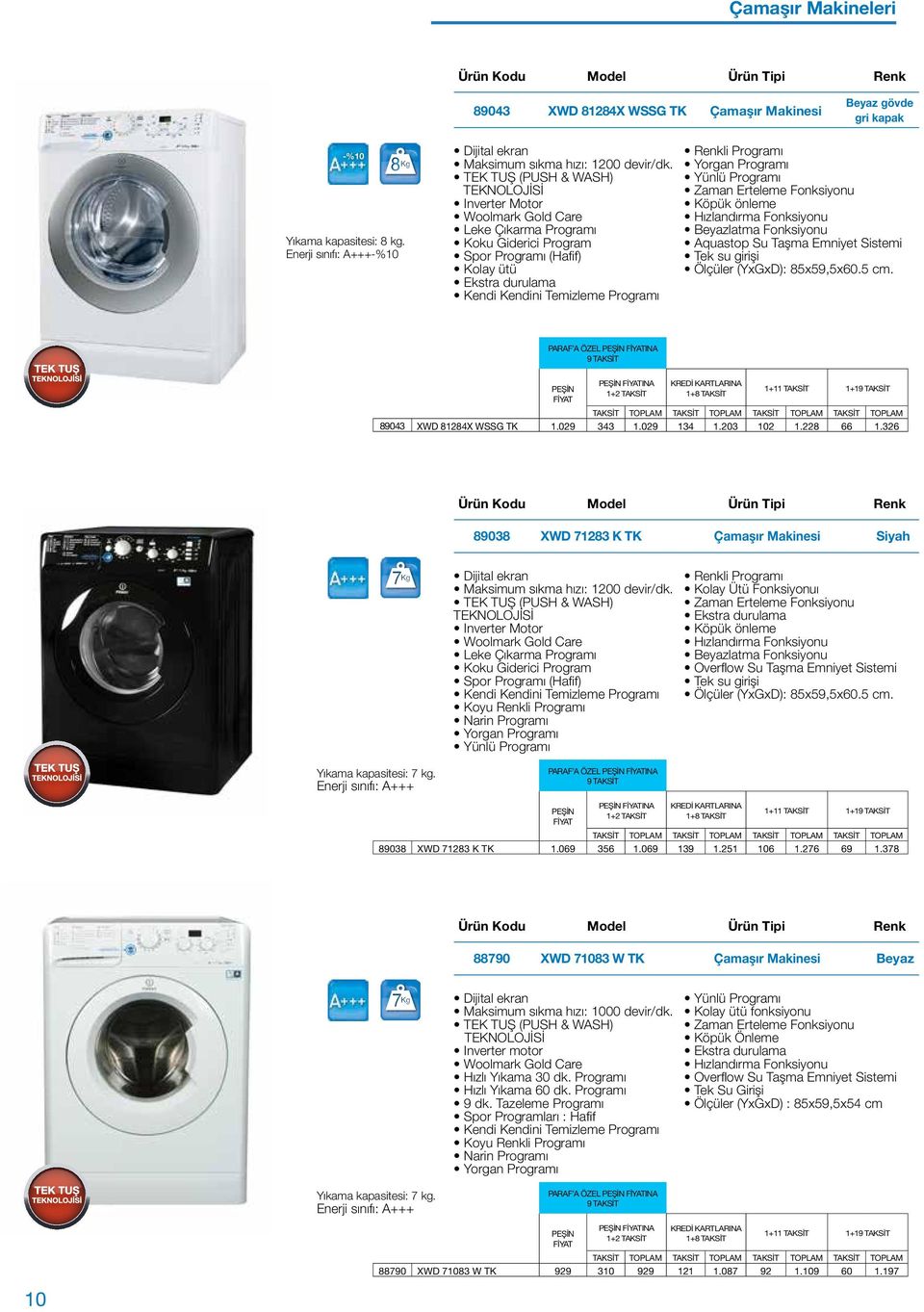 Programı Yorgan Programı Köpük önleme Hızlandırma Fonksiyonu Beyazlatma Fonksiyonu Aquastop Su Taşma Emniyet Sistemi Tek su girişi Ölçüler (YxGxD): 85x59,5x60.5 cm.