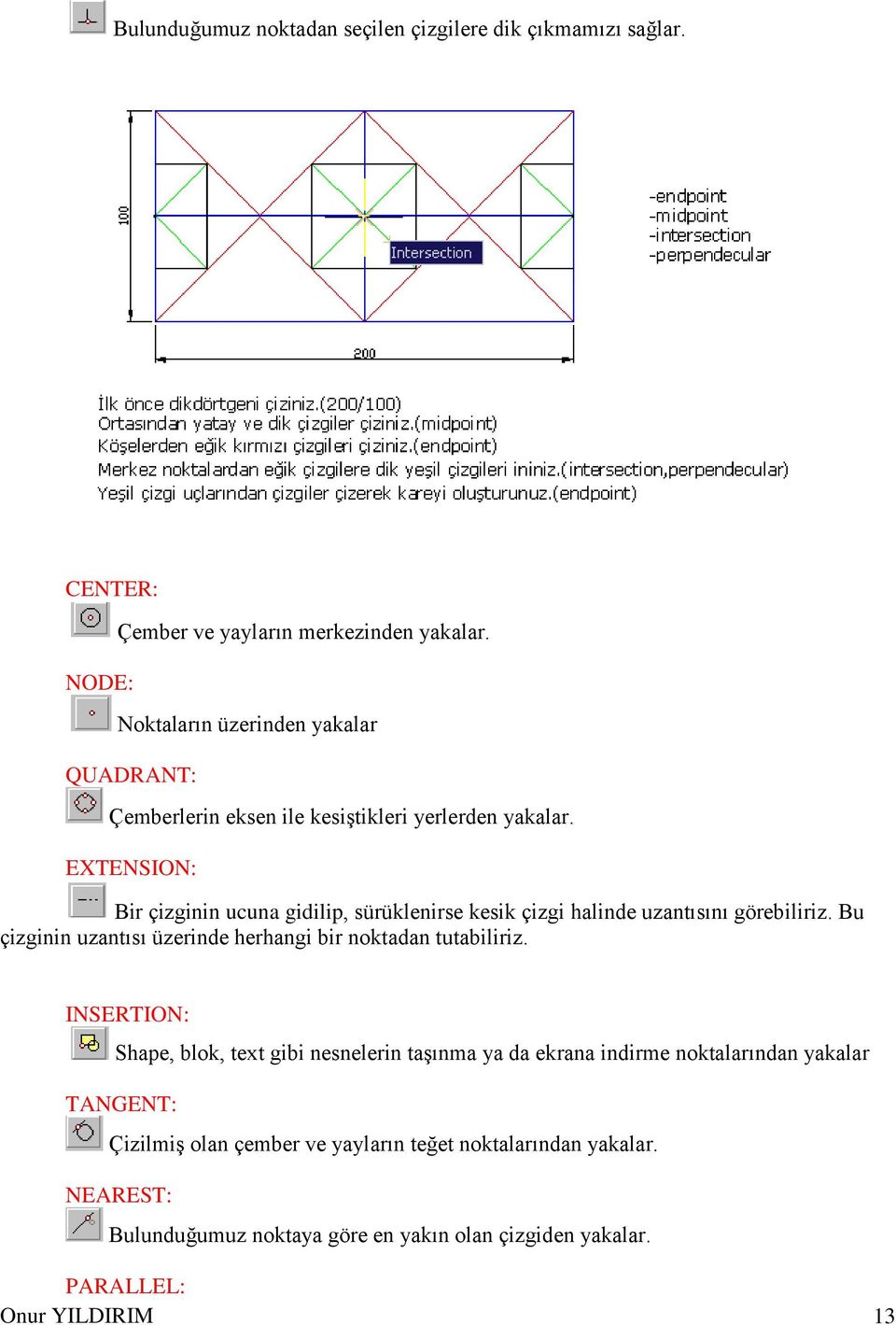 EXTENSION: Bir çizginin ucuna gidilip, sürüklenirse kesik çizgi halinde uzantısını görebiliriz.