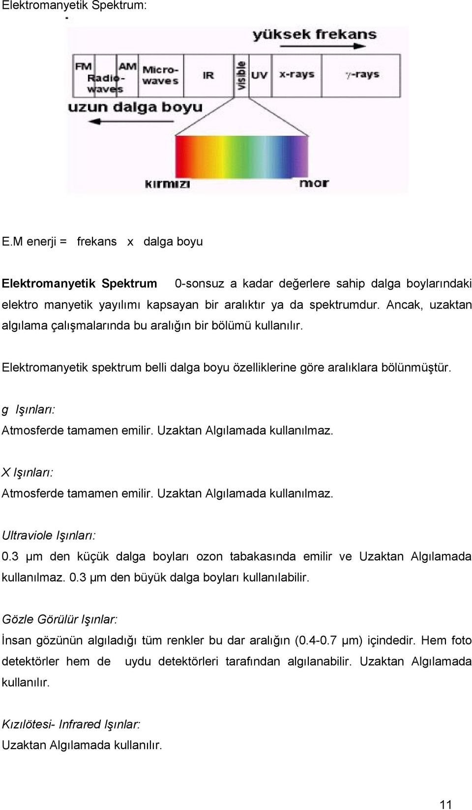 Ancak, uzaktan algılama çalışmalarında bu aralığın bir bölümü kullanılır. Elektromanyetik spektrum belli dalga boyu özelliklerine göre aralıklara bölünmüştür. g Işınları: Atmosferde tamamen emilir.