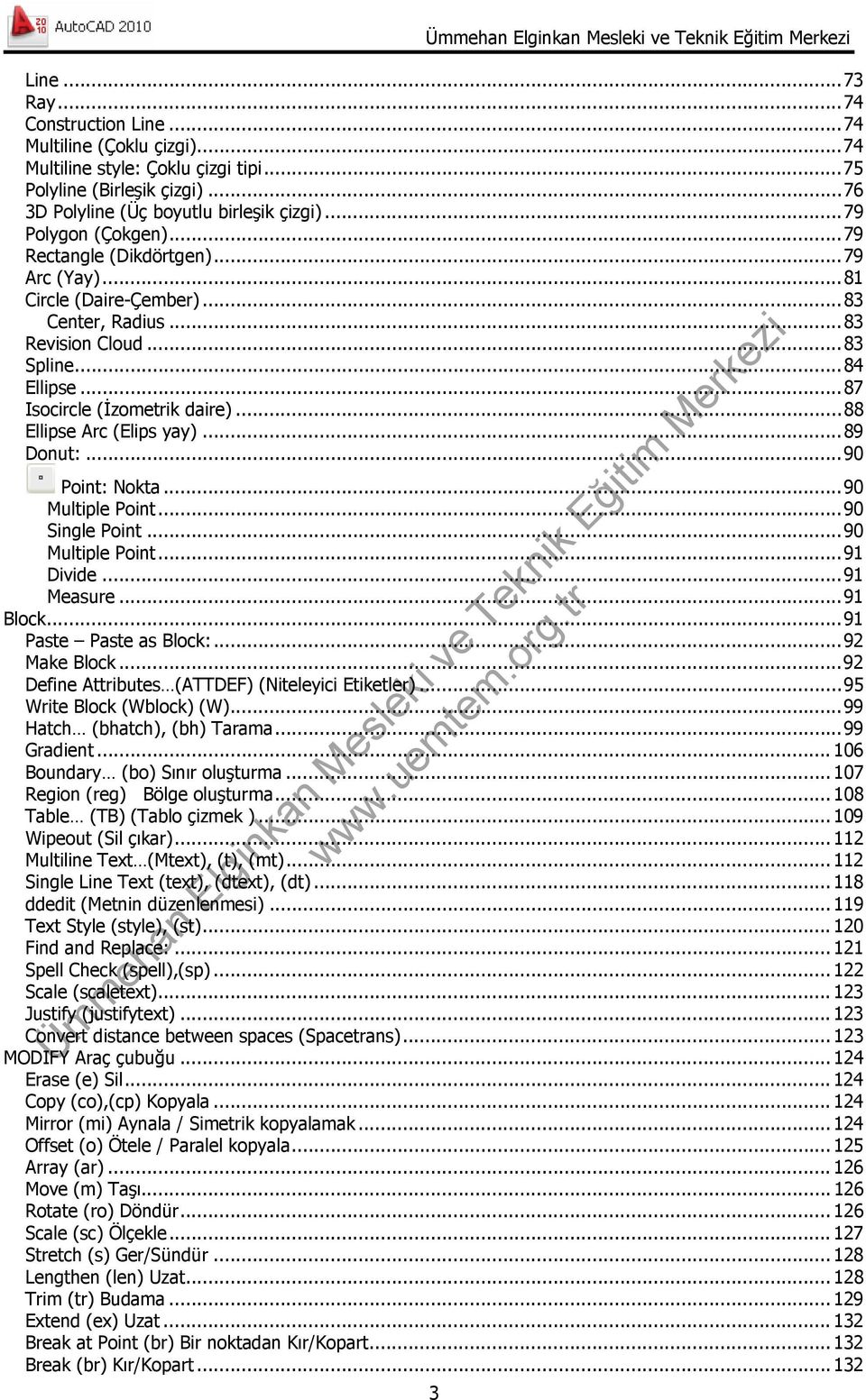 ..88 Ellipse Arc (Elips yay)...89 Donut:...90 Point: Nokta...90 Multiple Point...90 Single Point...90 Multiple Point...91 Divide...91 Measure...91 Block...91 Paste Paste as Block:...92 Make Block.