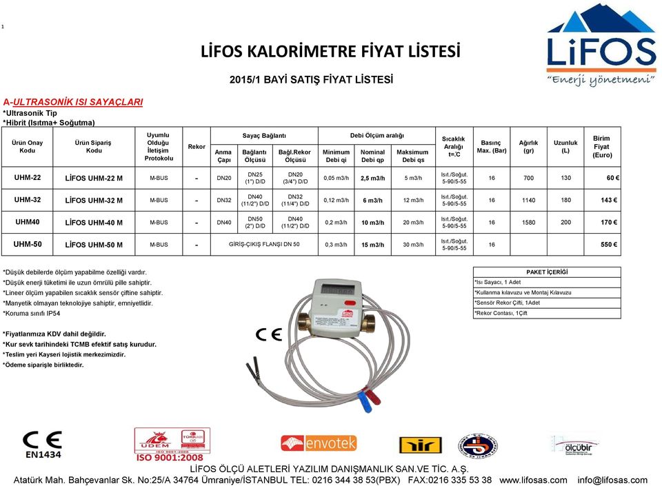 (Bar) UHM22 LİFOS UHM22 M 0,05 m3/h 2,5 m3/h 5 m3/h 16 700 130 60 UHM32 LİFOS UHM32 M DN32 DN40 (11/2") D/D DN32 (11/4") D/D 0,12 m3/h 6