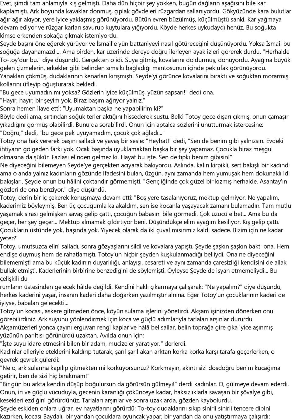 Köyde herkes uykudaydı henüz. Bu soğukta kimse erkenden sokağa çıkmak istemiyordu. Şeyde başını öne eğerek yürüyor ve İsmail'e yün battaniyeyi nasıl götüreceğini düşünüyordu.