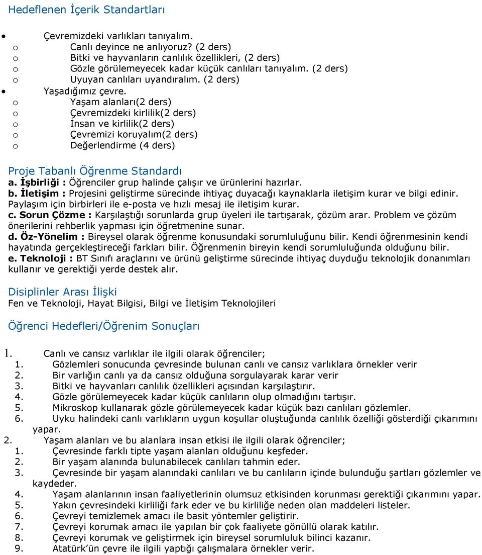 Yaşam alanları(2 ders) Çevremizdeki kirlilik(2 ders) İnsan ve kirlilik(2 ders) Çevremizi kruyalım(2 ders) Değerlendirme (4 ders) Prje Tabanlı Öğrenme Standardı a.