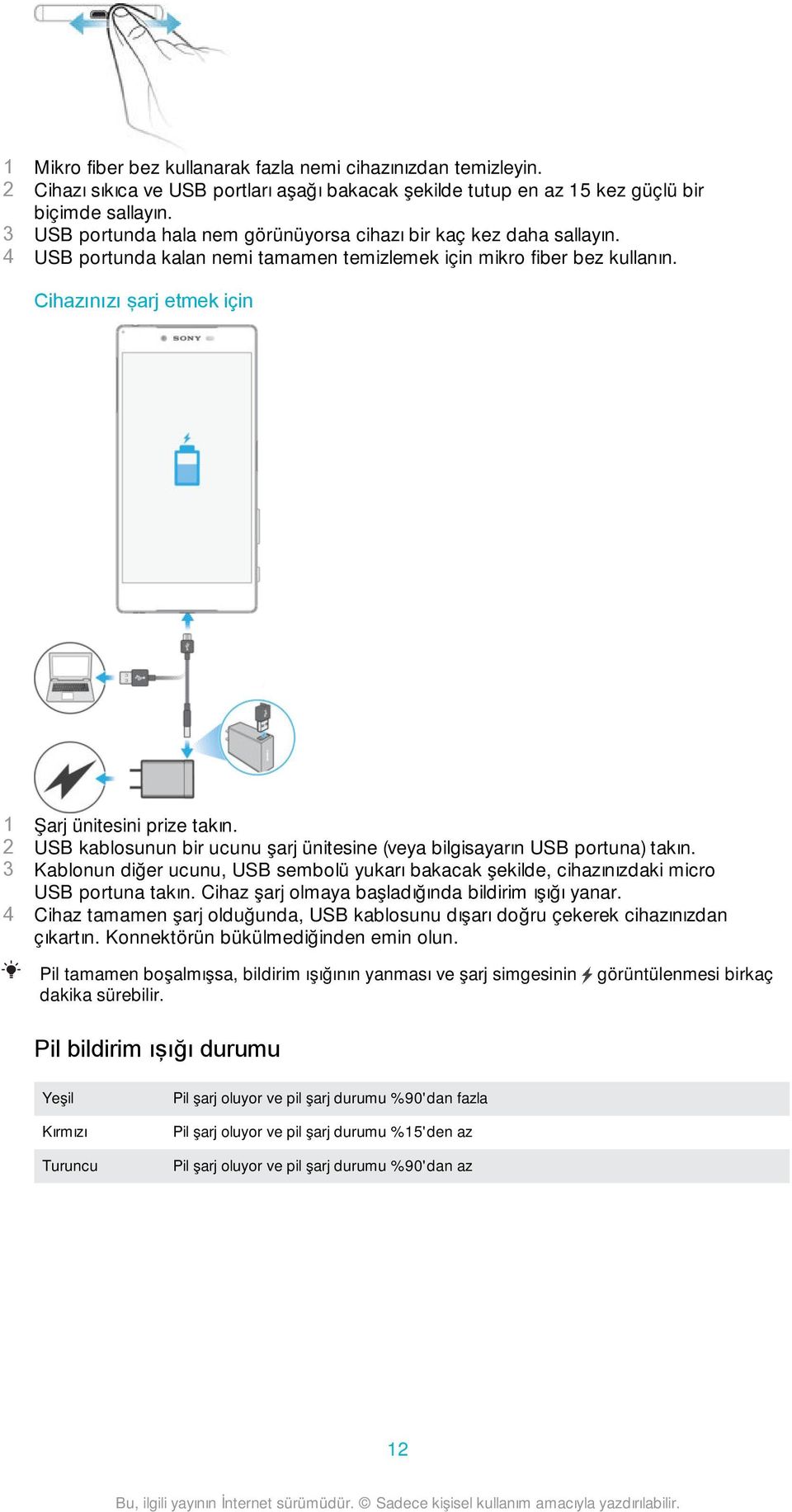 Cihazınızı şarj etmek için 1 Şarj ünitesini prize takın. 2 USB kablosunun bir ucunu şarj ünitesine (veya bilgisayarın USB portuna) takın.