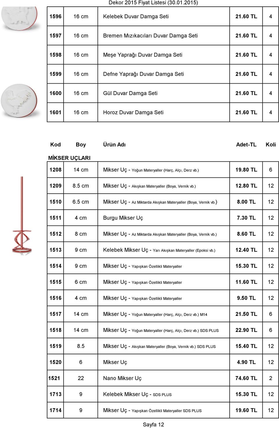 60 TL 4 Kod Boy Ürün Adı Adet-TL Koli MİKSER UÇLARI 1208 14 cm Mikser Uç - Yoğun Materyaller (Harç, Alçı, Derz vb.) 19.80 TL 6 1209 8.5 cm Mikser Uç - Akışkan Materyaller (Boya, Vernik vb.) 12.