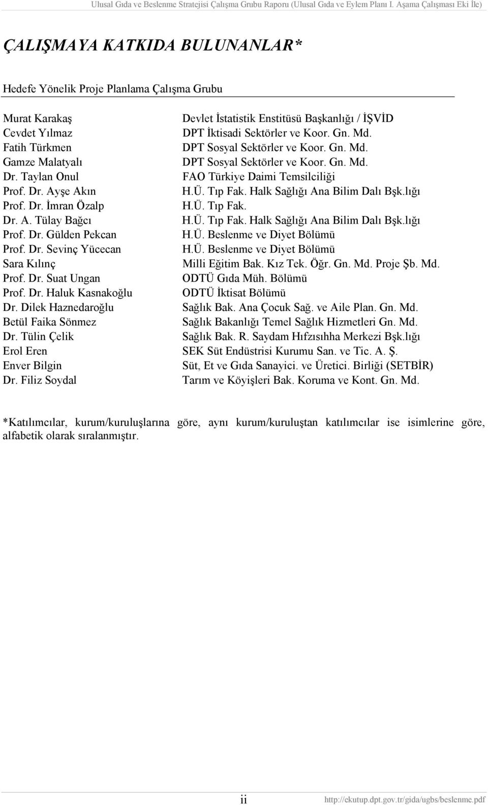 Halk Sağlığı Ana Bilim Dalı Bşk.lığı Prof. Dr. İmran Özalp H.Ü. Tıp Fak. Dr. A. Tülay Bağcı H.Ü. Tıp Fak. Halk Sağlığı Ana Bilim Dalı Bşk.lığı Prof. Dr. Gülden Pekcan H.Ü. Beslenme ve Diyet Bölümü Prof.