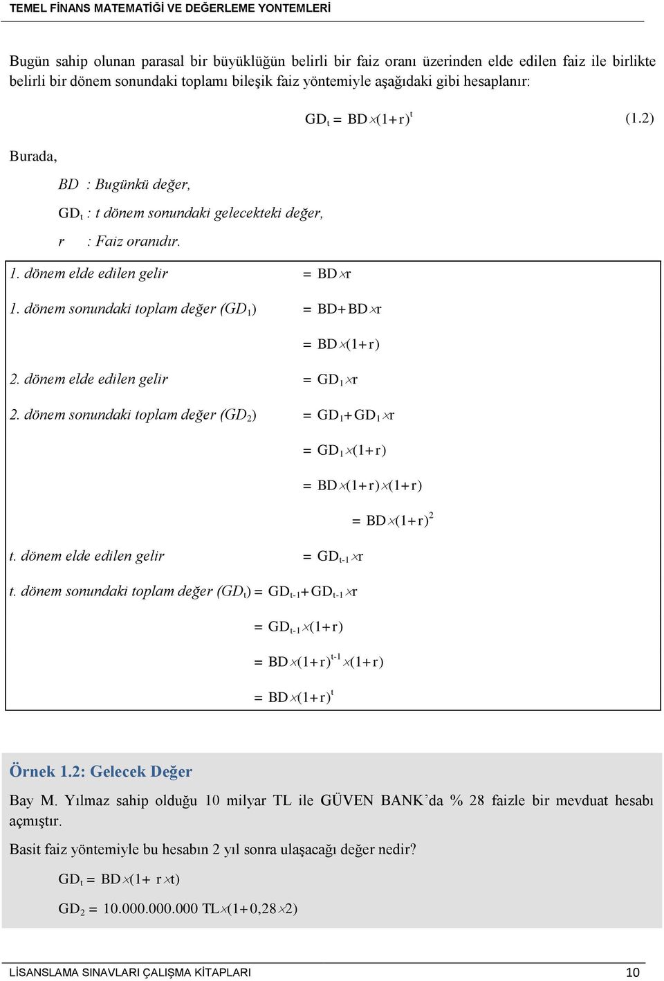 dönem sonundaki toplam değer (GD 1 ) = BD+BD r = BD (1+r) 2. dönem elde edilen gelir = GD 1 r 2. dönem sonundaki toplam değer (GD 2 ) = GD 1 +GD 1 r = GD 1 (1+r) = BD (1+r) (1+r) = BD (1+r) 2 t.