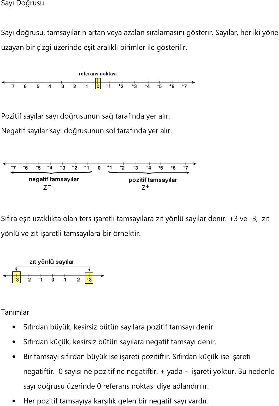 +3 ve -3, zıt yönlü ve zıt işaretli tamsayılara bir örnektir. Tanımlar Sıfırdan büyük, kesirsiz bütün sayılara pozitif tamsayı denir. Sıfırdan küçük, kesirsiz bütün sayılara negatif tamsayı denir.