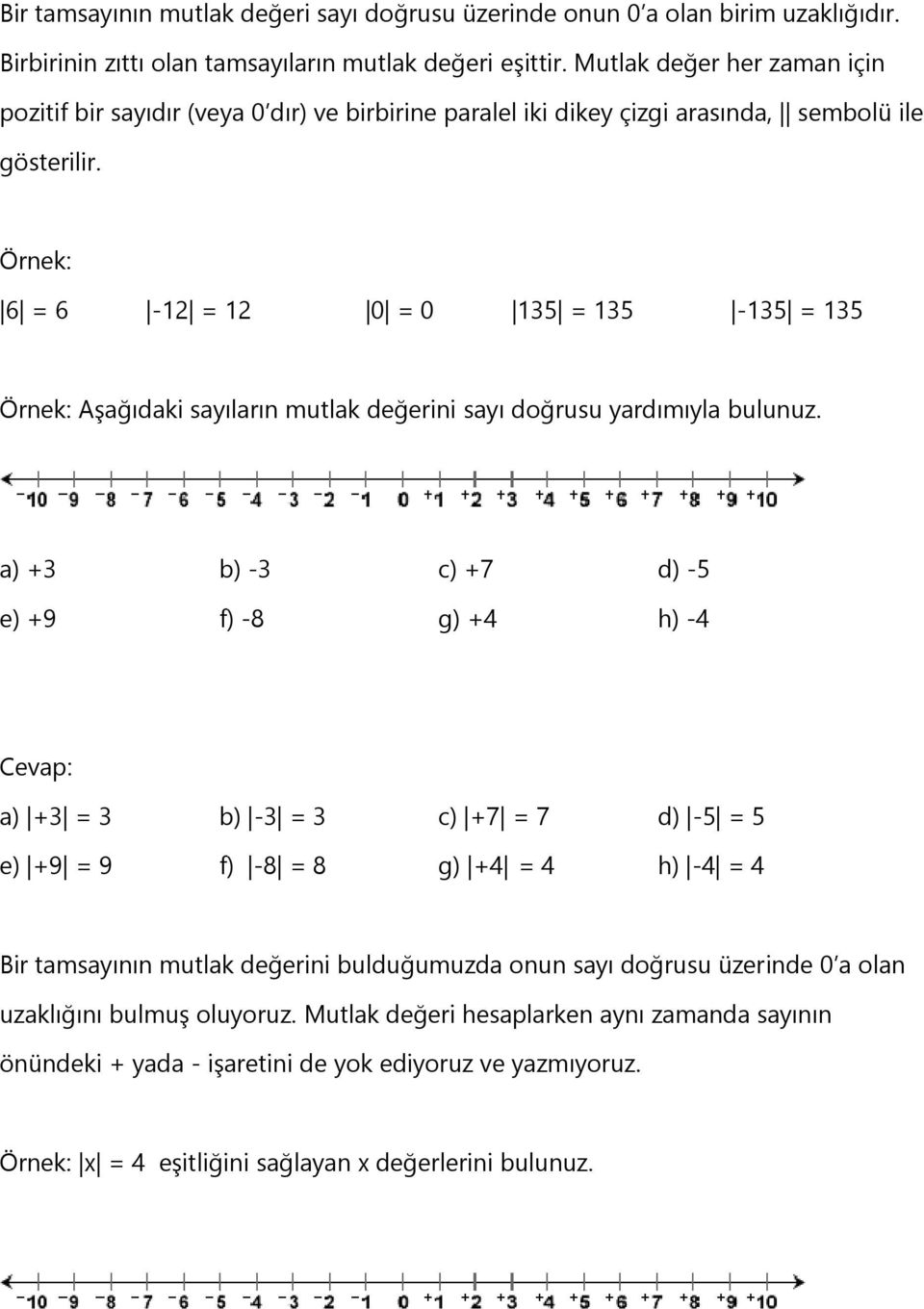 Örnek: 6 = 6-12 = 12 0 = 0 135 = 135-135 = 135 Örnek: Aşağıdaki sayıların mutlak değerini sayı doğrusu yardımıyla bulunuz.