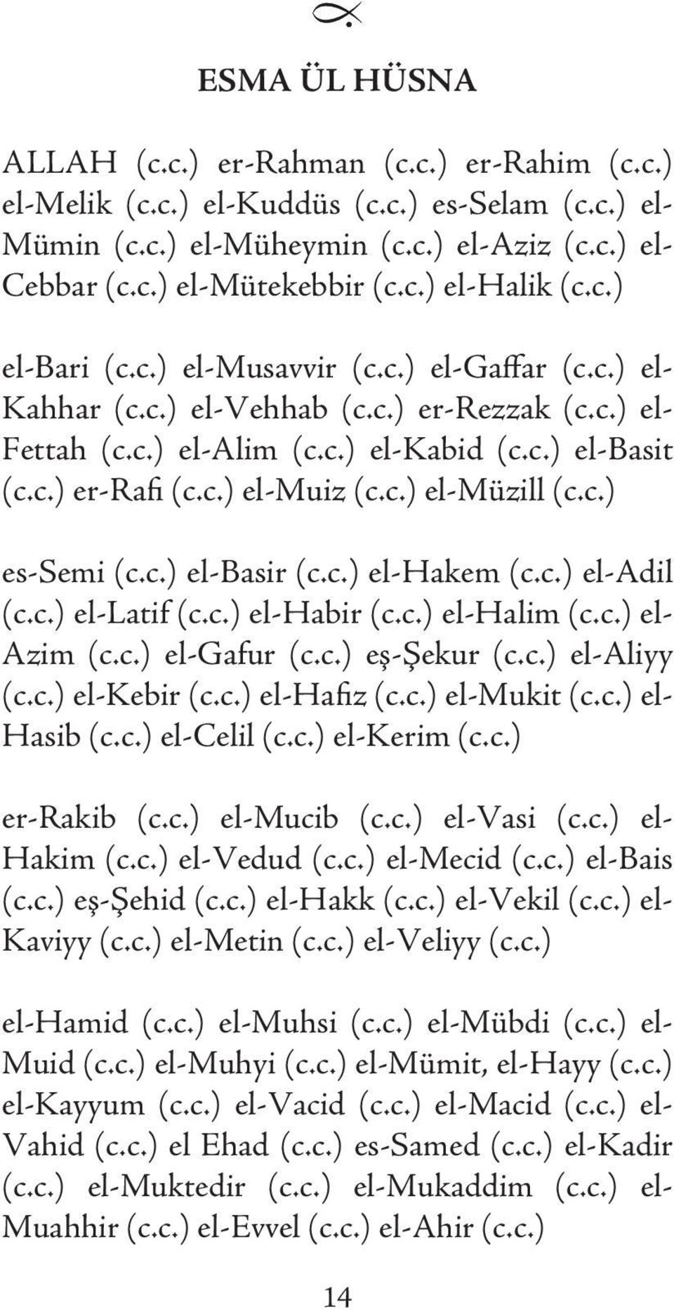 c.) es-semi (c.c.) el-basir (c.c.) el-hakem (c.c.) el-adil (c.c.) el-latif (c.c.) el-habir (c.c.) el-halim (c.c.) el- Azim (c.c.) el-gafur (c.c.) eş-şekur (c.c.) el-aliyy (c.c.) el-kebir (c.c.) el-hafiz (c.