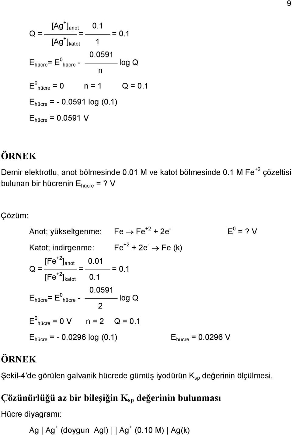 V Katot; indirgenme: Fe +2 + 2e - Fe (k) [Fe +2 ] anot 0.01 Q = = = 0.1 [Fe +2 ] katot 0.1 0.0591 E hücre= E 0 hücre - log Q 2 E 0 hücre = 0 V n = 2 Q = 0.1 E hücre = - 0.0296 log (0.