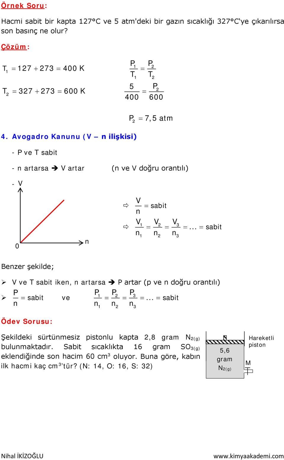 Avogadro Kanunu (V n ilişkisi) - P ve T sabit - n artarsa V artar (n ve V doğru orantılı) - V 0 n V sabit n = V1 V V 2 3 = = =.