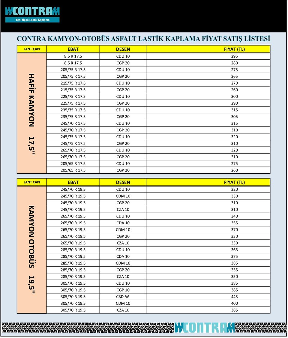 5 CDU 10 320 245/75 R 17.5 CGP 20 310 265/70 R 17.5 CDU 10 320 265/70 R 17.5 CGP 20 310 205/65 R 17.5 CDU 10 275 205/65 R 17.5 CGP 20 260 JANT ÇAPI EBAT DESEN FİYAT (TL) 245/70 R 19.